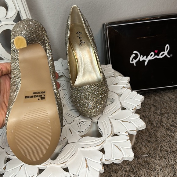 Round Toe champagne Glitter Mesh Rhinestone Studded Low Platform Pump Heel ✨ - Picture 11 of 12